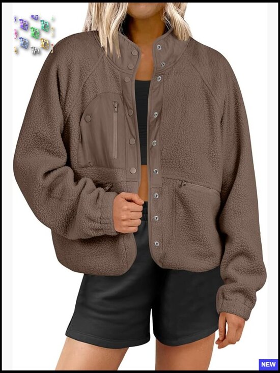Jackets & Blazers - Fuzzy Fleece Jacket Cropped Sherpa Button Down Shacket Coats Outwear With